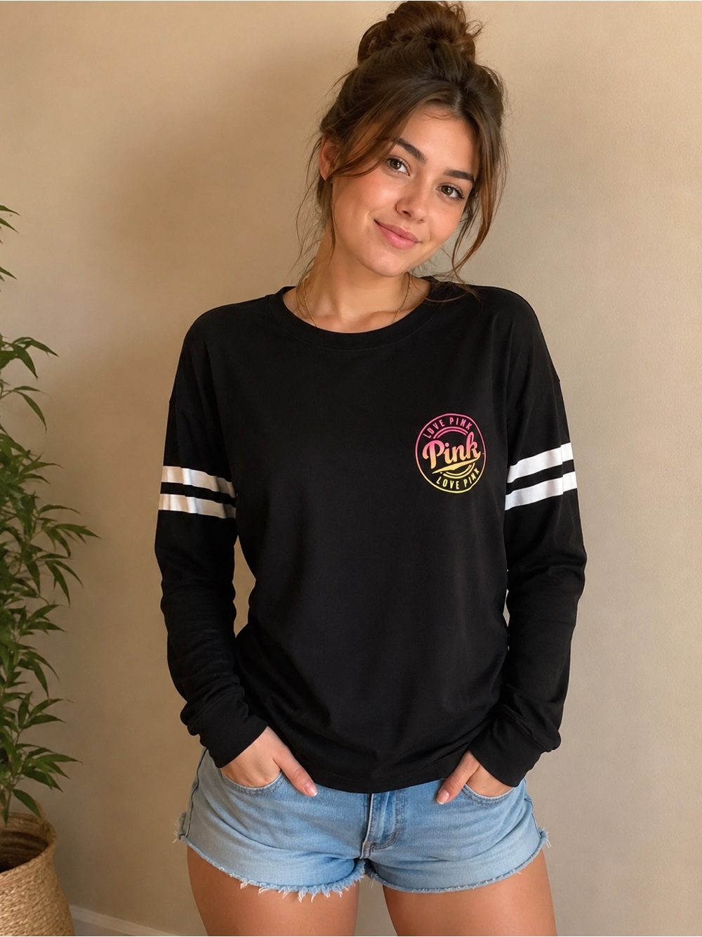 PINK Victoria's Secret Black Long Sleeve Tee with Pink/Yellow Logo